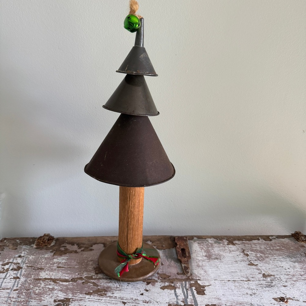 Primitive Folk Art Metal Funnel Christmas Tree Antique Wood Bobbin Base Decor